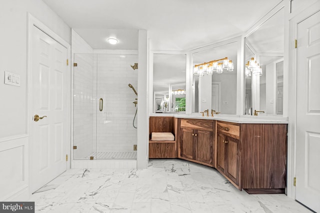 501 Van Lears Run, Villanova, PA 19085 - bathroom featuring vanity, a shower stall, and marble look tile flooring