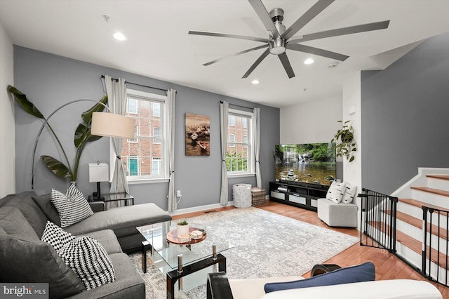 1506 Stack St, Baltimore, MD 21230 - living area featuring a ceiling fan, wood finished floors, and recessed lighting