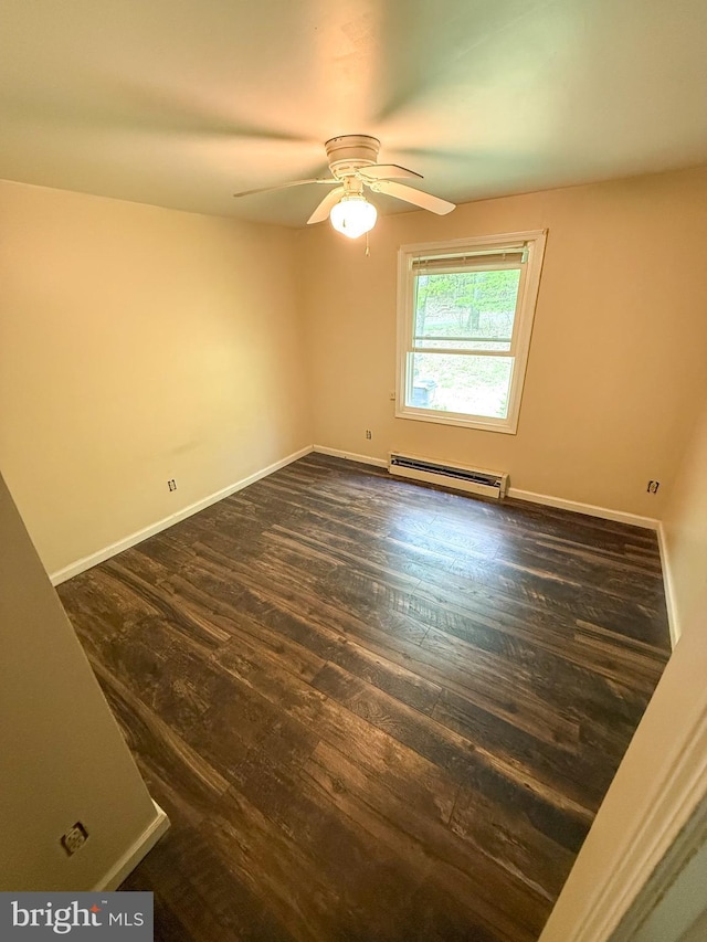 751 Hudson Dr, Weatherly, PA 18255 - unfurnished room featuring a baseboard heating unit, ceiling fan, and dark wood finished floors