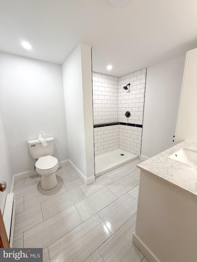 751 Hudson Dr, Weatherly, PA 18255 - full bath with baseboard heating, tiled shower, vanity, and recessed lighting