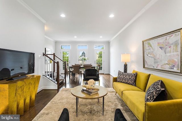 3334 7th St NE, Washington, DC 20017 - living area with crown molding, stairway, wood finished floors, and recessed lighting