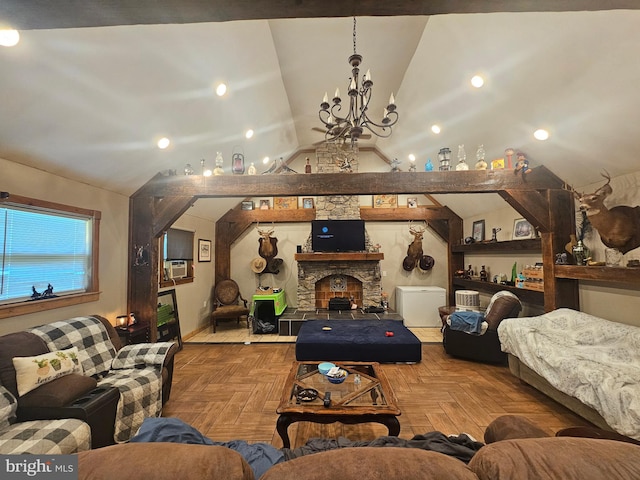 6 Amelia St, Paw Paw, WV 25434 - living room featuring vaulted ceiling, a chandelier, and a fireplace