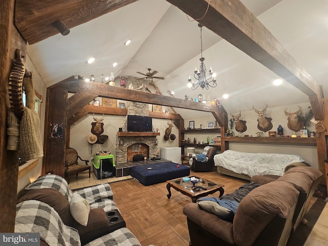 6 Amelia St, Paw Paw, WV 25434 - living area featuring a ceiling fan, lofted ceiling, a fireplace, a chandelier, and recessed lighting