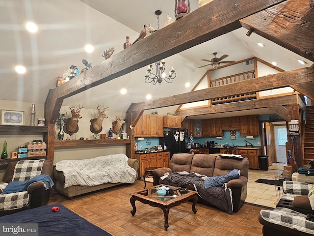 6 Amelia St, Paw Paw, WV 25434 - living area featuring ceiling fan, high vaulted ceiling, and beam ceiling