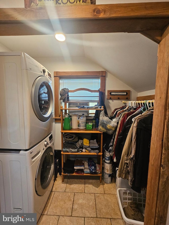 6 Amelia St, Paw Paw, WV 25434 - washroom with stacked washer / drying machine and stone finish floors