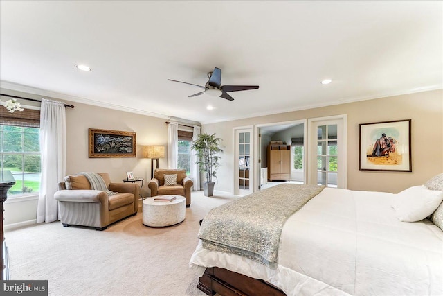 926 Kenmara Dr, West Chester, PA 19380 - carpeted bedroom with crown molding, ceiling fan, access to exterior, and recessed lighting