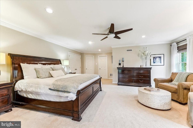 926 Kenmara Dr, West Chester, PA 19380 - bedroom with light carpet, recessed lighting, ornamental molding, and a ceiling fan