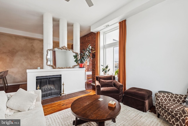 765 S 2nd St Unit G, Philadelphia, PA 19147 - living area with ceiling fan, a fireplace with flush hearth, and wood finished floors