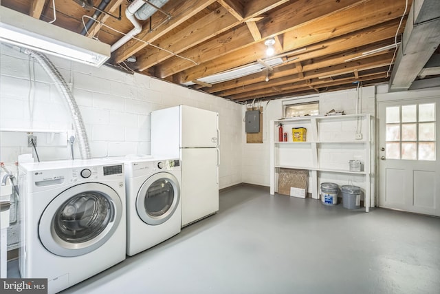 7826 Glenister Dr, Springfield, VA 22152 - laundry room featuring washer and clothes dryer, electric panel, and concrete block wall