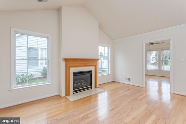 1826 Kershaw Ln, Winchester, VA 22601 - unfurnished living room featuring vaulted ceiling, a fireplace with flush hearth, light wood-style flooring, and a ceiling fan