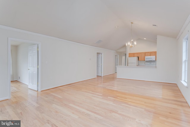 1826 Kershaw Ln, Winchester, VA 22601 - unfurnished living room featuring a chandelier, light wood-type flooring, lofted ceiling, and ornamental molding
