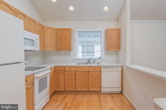1826 Kershaw Ln, Winchester, VA 22601 - kitchen featuring white appliances, light countertops, light wood-style floors, and recessed lighting