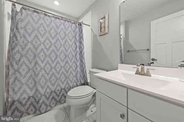 135 Burkwood Ter, Lake Frederick, VA 22630 - full bathroom with marble finish flooring, vanity, a shower with shower curtain, and recessed lighting