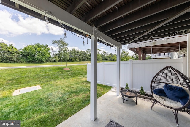 135 Burkwood Ter, Lake Frederick, VA 22630 - view of patio featuring a fire pit and view of wooded area