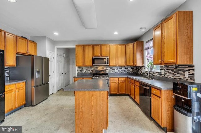 30 Homestead Dr, Pemberton, NJ 08068 - kitchen with black appliances, concrete floors, a center island, backsplash, and recessed lighting