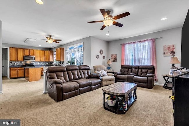 30 Homestead Dr, Pemberton, NJ 08068 - living room featuring a ceiling fan, light colored carpet, and recessed lighting