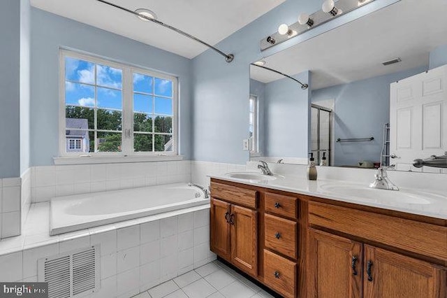 30 Homestead Dr, Pemberton, NJ 08068 - full bath with a bath, tile patterned flooring, double vanity, and a shower with door