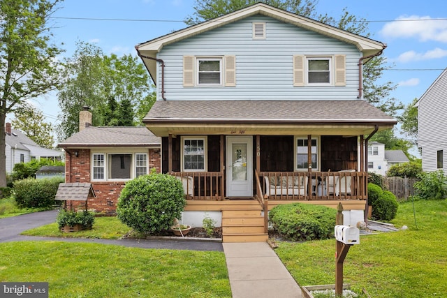 150 Coolidge Ave, Lawrence Township, NJ 08648 - view of front of house featuring covered porch, a chimney, brick siding, and roof with shingles