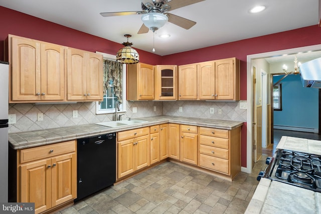 150 Coolidge Ave, Lawrence Township, NJ 08648 - kitchen with black appliances, a ceiling fan, a baseboard heating unit, tasteful backsplash, and ventilation hood