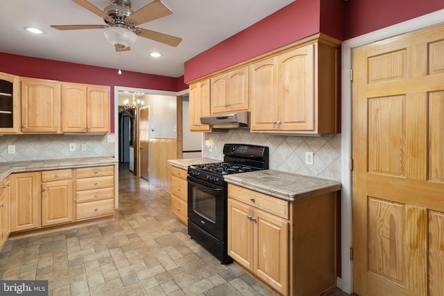 150 Coolidge Ave, Lawrence Township, NJ 08648 - kitchen featuring black gas stove, under cabinet range hood, tile countertops, light brown cabinets, and ceiling fan