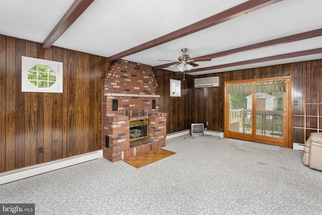 150 Coolidge Ave, Lawrence Township, NJ 08648 - unfurnished living room with an AC wall unit, beamed ceiling, wood walls, carpet, and baseboard heating