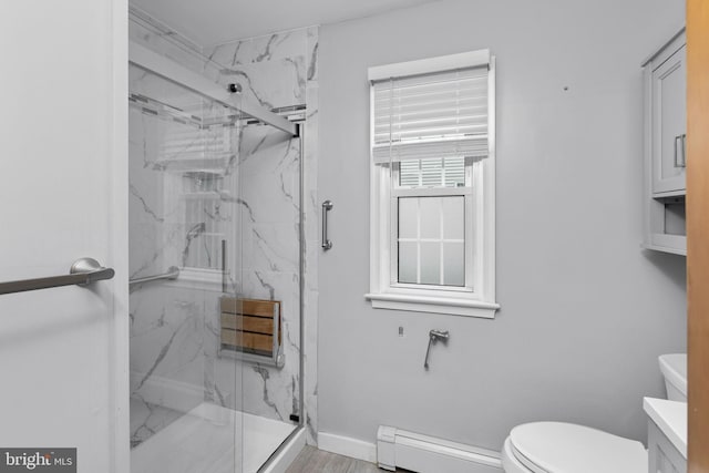 150 Coolidge Ave, Lawrence Township, NJ 08648 - bathroom with a baseboard radiator, a marble finish shower, and vanity