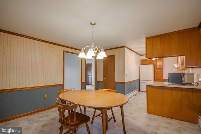 24981 Delmar Rd, Mardela Springs, MD 21837 - dining room featuring ornamental molding, wallpapered walls, light carpet, baseboard heating, and a chandelier