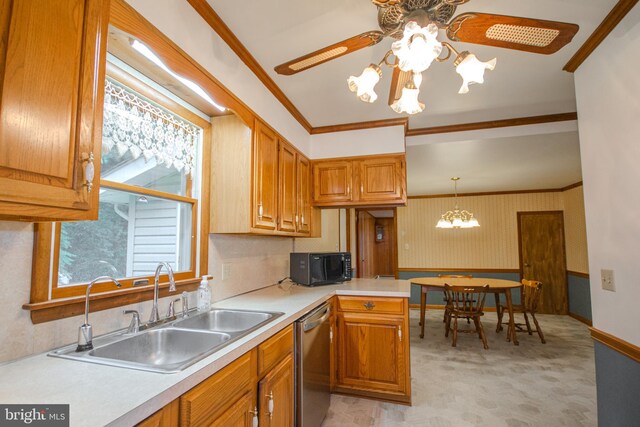 24981 Delmar Rd, Mardela Springs, MD 21837 - kitchen featuring dishwasher, black microwave, crown molding, a chandelier, and wallpapered walls