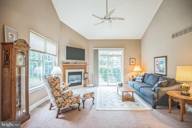 3132 Arbour Green Ct, Hatfield, PA 19440 - living room with high vaulted ceiling, a ceiling fan, carpet, and a glass covered fireplace