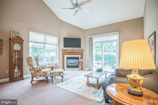 3132 Arbour Green Ct, Hatfield, PA 19440 - living room with a ceiling fan, carpet floors, a glass covered fireplace, and high vaulted ceiling