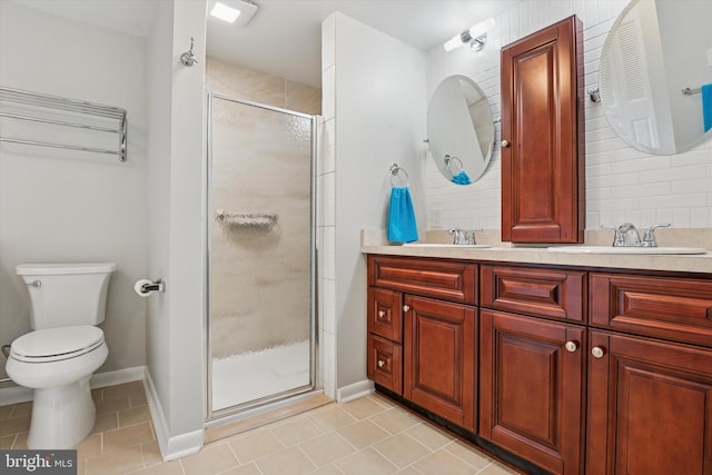705 Westtown Cir Unit 705, West Chester, PA 19382 - bathroom featuring tile patterned floors, double vanity, a shower stall, and backsplash