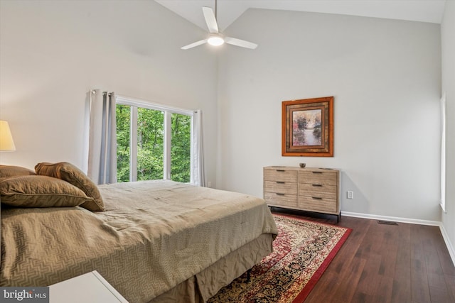 705 Westtown Cir Unit 705, West Chester, PA 19382 - bedroom featuring dark wood-style floors, high vaulted ceiling, and ceiling fan