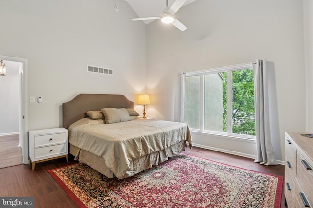 705 Westtown Cir Unit 705, West Chester, PA 19382 - bedroom featuring high vaulted ceiling, dark wood-style flooring, multiple windows, ceiling fan, and a chandelier