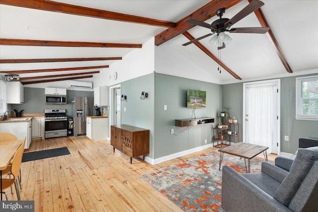 132 Erie Trl, Winchester, VA 22602 - living room featuring light wood-type flooring, a wall mounted AC, and a ceiling fan