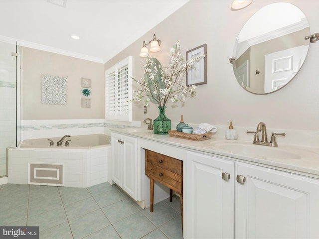 9045 Clendenin Way, Frederick, MD 21704 - bathroom with double vanity, a bath, tile patterned floors, crown molding, and an enclosed shower
