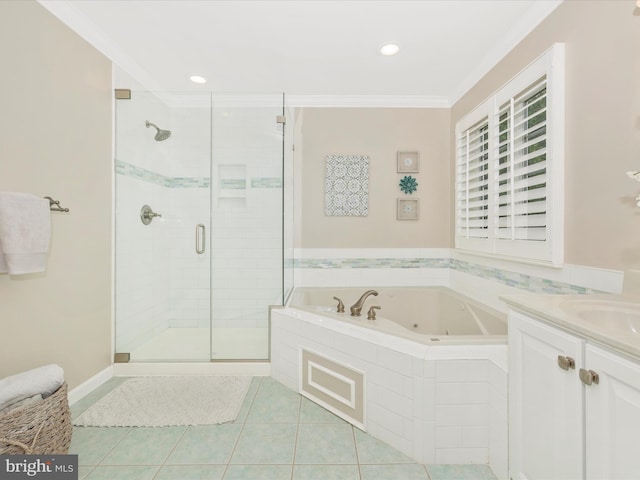 9045 Clendenin Way, Frederick, MD 21704 - full bath featuring a shower stall, a whirlpool tub, ornamental molding, tile patterned floors, and vanity