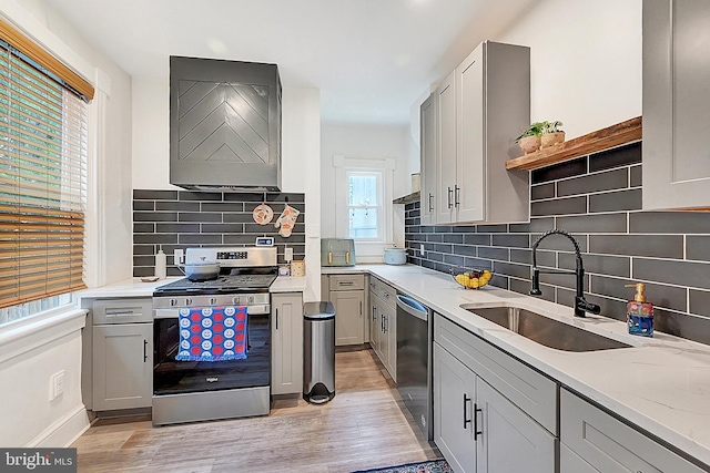 528 N St, Lancaster, PA 17602 - kitchen featuring appliances with stainless steel finishes, open shelves, light wood-style floors, and ventilation hood