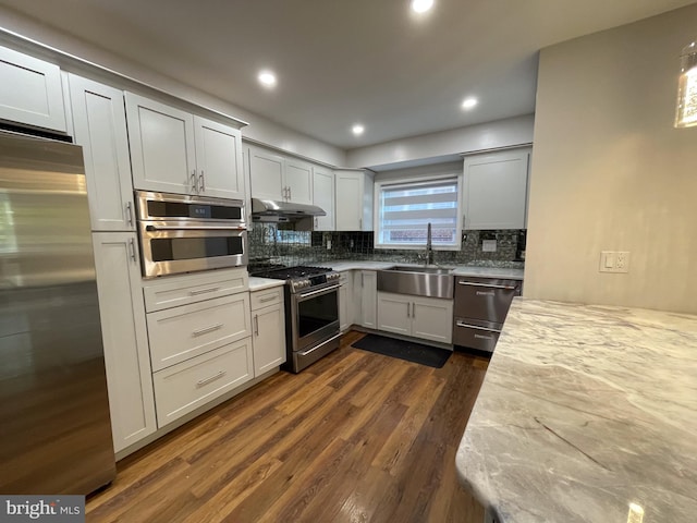4102 N W St, Wilmington, DE 19802 - kitchen with stainless steel appliances, tasteful backsplash, dark wood-style flooring, under cabinet range hood, and recessed lighting