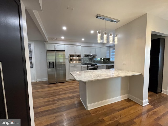 4102 N W St, Wilmington, DE 19802 - kitchen with stainless steel appliances, under cabinet range hood, a peninsula, recessed lighting, and dark wood-style flooring