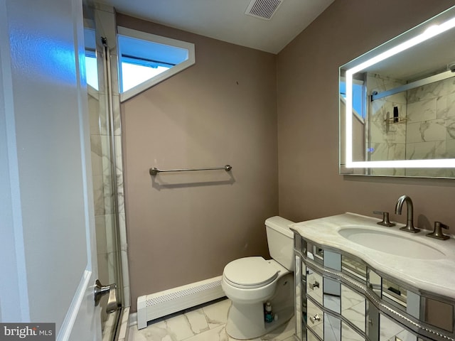 4102 N W St, Wilmington, DE 19802 - full bath with a baseboard heating unit, marble look tile flooring, a tile shower, and vanity