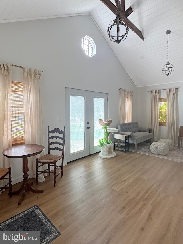 680 Myers Rd, Muncy Valley, PA 17758 - sitting room featuring light wood-style floors, high vaulted ceiling, ceiling fan, and french doors