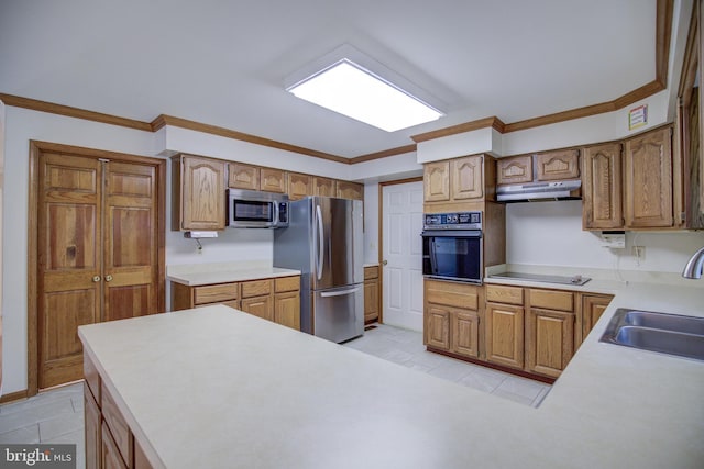 9708 S Park Cir, Fairfax Station, VA 22039 - kitchen featuring black appliances, under cabinet range hood, light tile patterned floors, ornamental molding, and light countertops