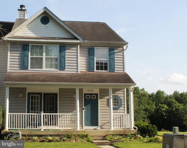 16332 Brooktrail Ct, Upper Marlboro, MD 20772 - view of front facade with covered porch, a chimney, and a shingled roof