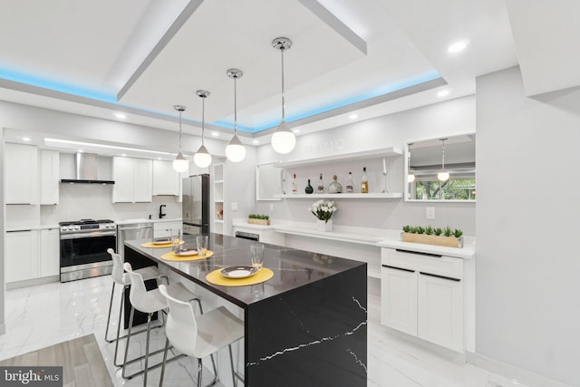 4201 Cathedral Ave NW Unit 122E, Washington, DC 20016 - kitchen with appliances with stainless steel finishes, wall chimney range hood, recessed lighting, a raised ceiling, and white cabinetry