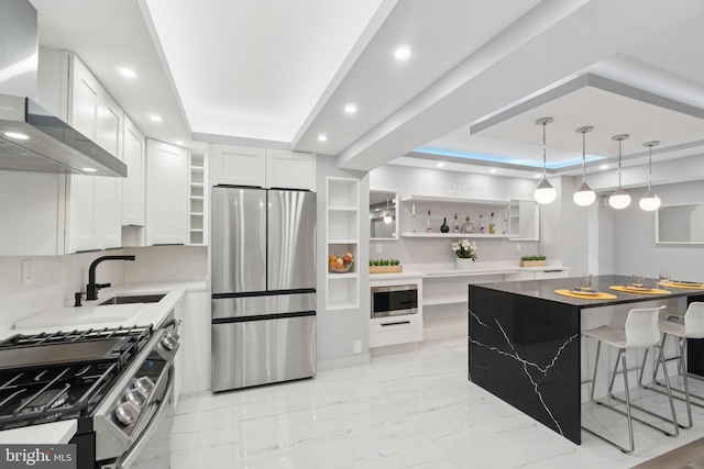 4201 Cathedral Ave NW Unit 122E, Washington, DC 20016 - kitchen featuring appliances with stainless steel finishes, wall chimney exhaust hood, open shelves, recessed lighting, and a tray ceiling