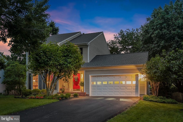 10267 Cedar Ridge Dr, Manassas, VA 20110 - view of front of home featuring asphalt driveway, an attached garage, a front lawn, and a shingled roof