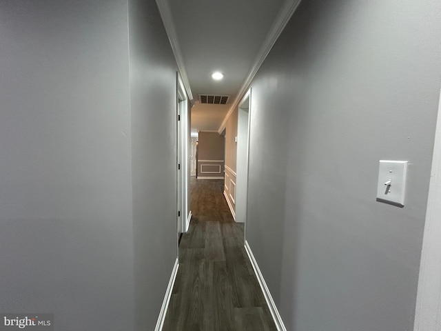 36697 W Club House Rd, Ocean View, DE 19970 - corridor with dark wood finished floors, recessed lighting, a wainscoted wall, and a decorative wall