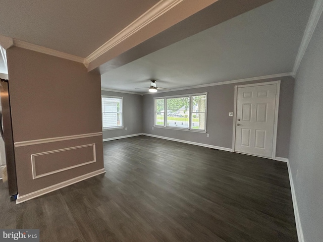 36697 W Club House Rd, Ocean View, DE 19970 - unfurnished living room featuring crown molding, a ceiling fan, and dark wood-type flooring