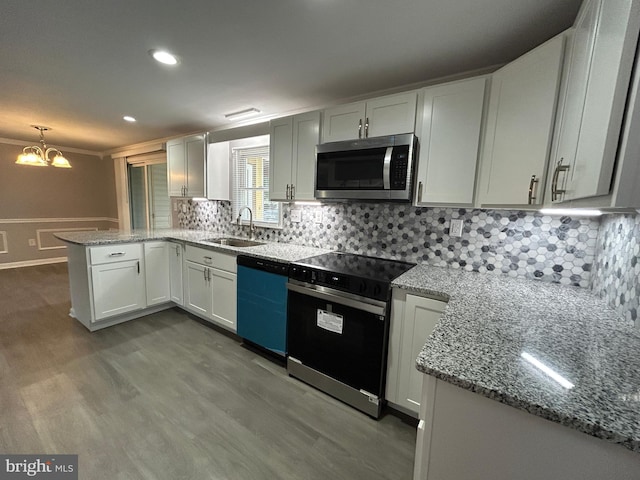 36697 W Club House Rd, Ocean View, DE 19970 - kitchen with stainless steel microwave, black range with electric stovetop, dishwashing machine, a peninsula, and dark wood-style flooring