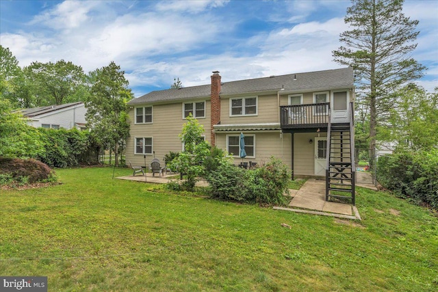 1752 Lark Ln, Cherry Hill, NJ 08003 - rear view of house featuring a patio, stairs, a yard, a wooden deck, and a chimney